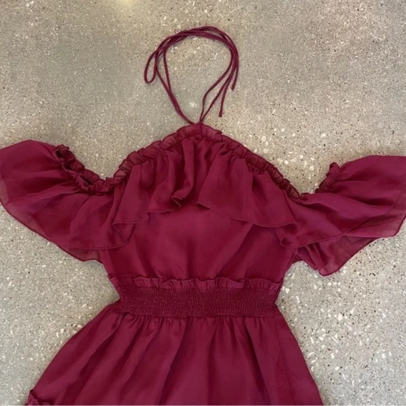 Two Sisters The Label Halter Burgundy Chiffon Off the Shoulder Dress - Size 6 - Picture 5 of 10